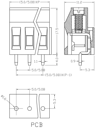 PCB Screw Type Terminal Block (XY129V-B) 5.0mm/5.08mm Green Connector Block