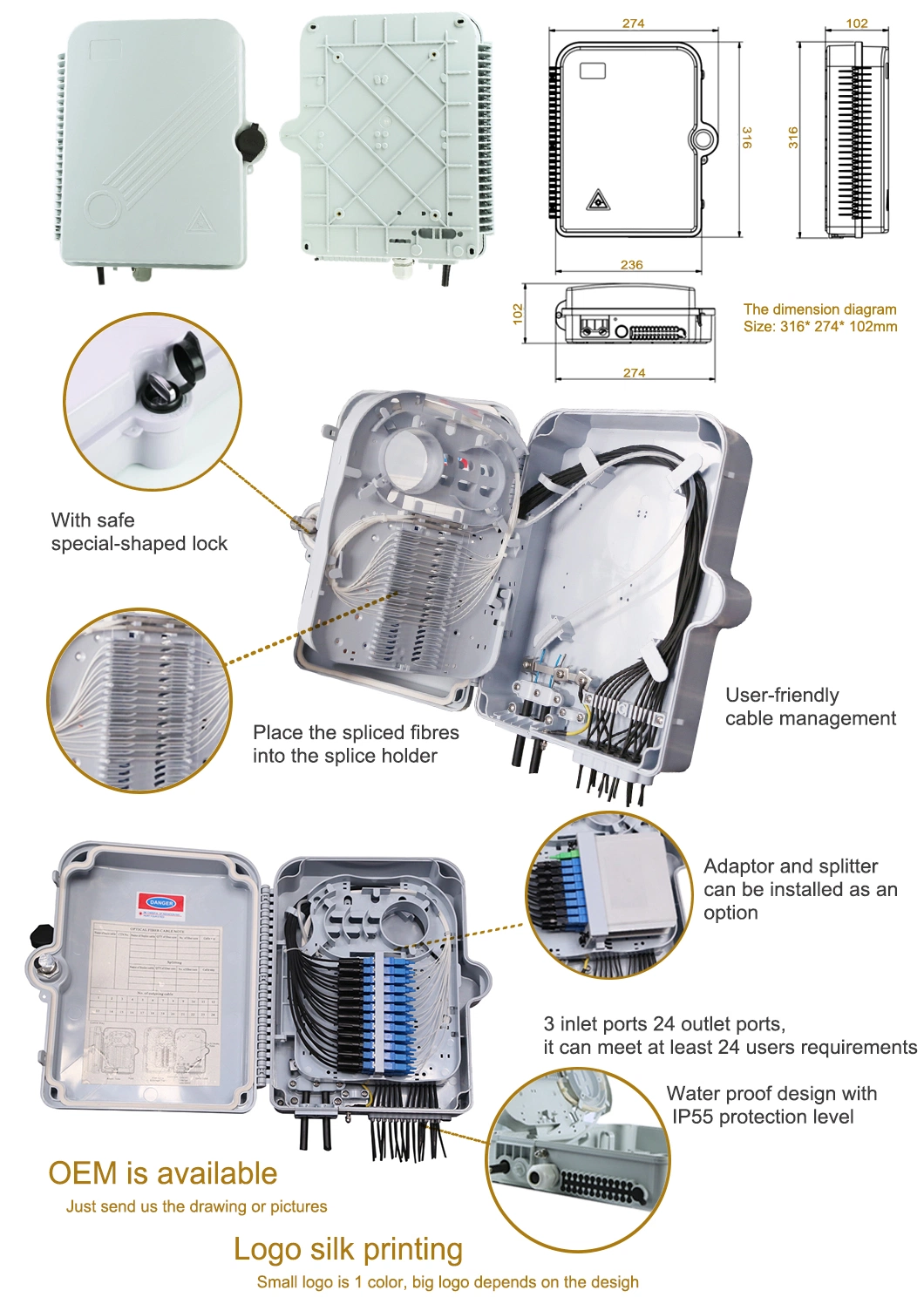 Waterproof FTTH Splitter Fiber Optic Distribution Box