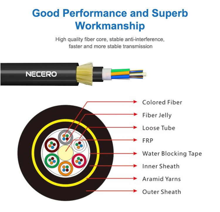 Span 100/200/400m ADSS 6/12/24 Hilos G652D Outdoor Self-Supporting Aerial Fibra Optica ADSS