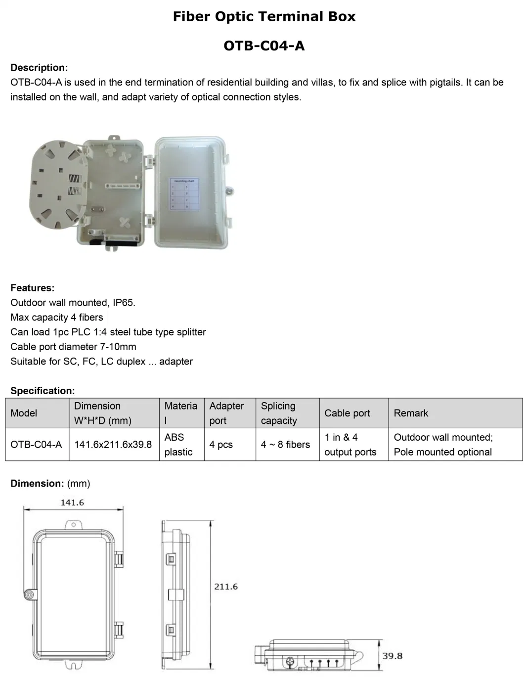 12 Fibers Outdoor Wall Mounted Fiber Optical Termination Box