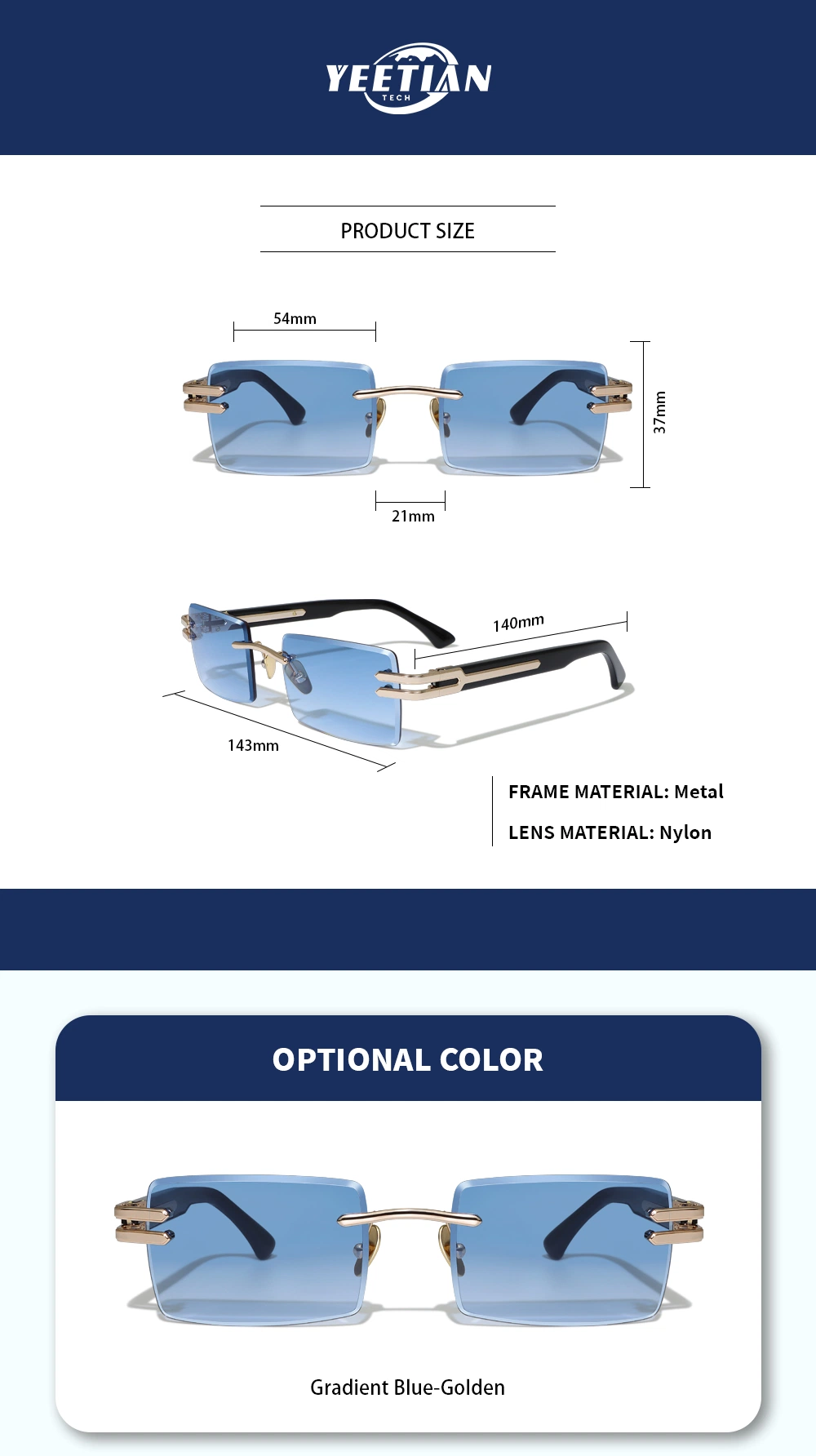 Yeetian Luxury Diamond Cut Blue Nylon Lens Small Rectangle Frameless Spectacle Men Women