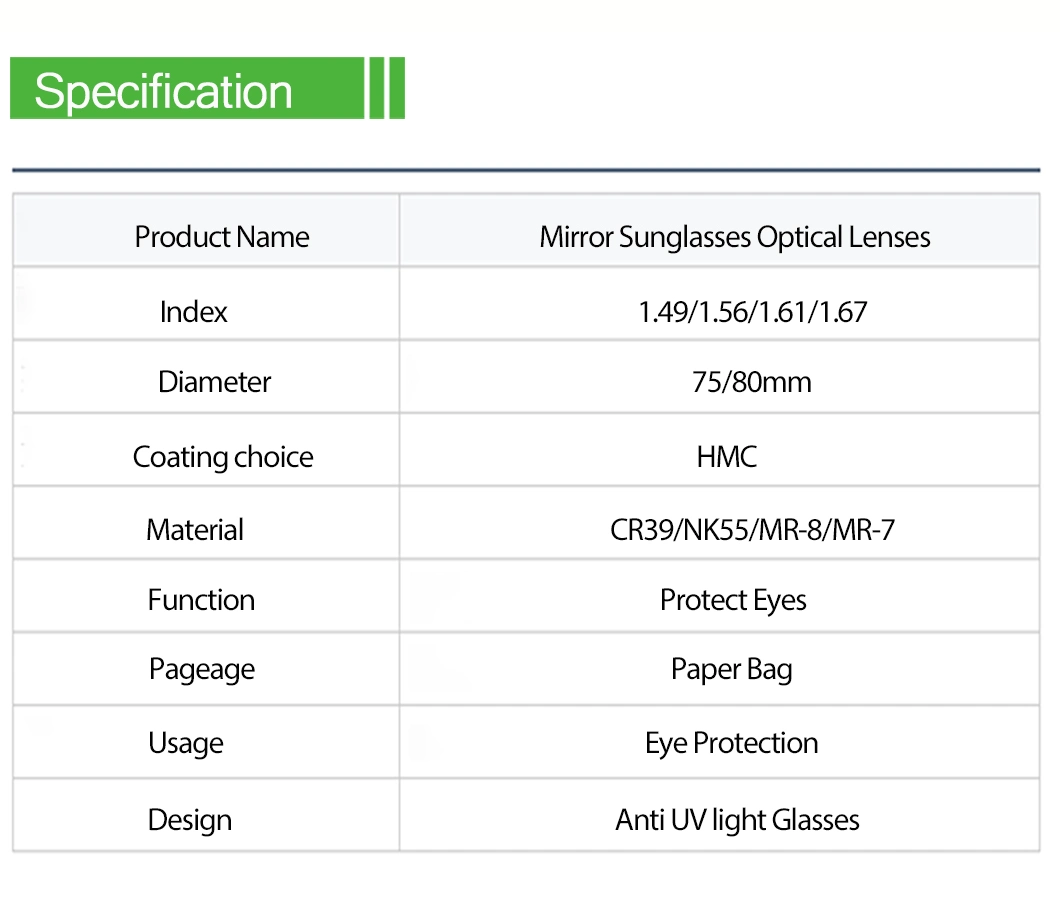 1.56 Mirror Sunglasses Optical Lens Eyewear