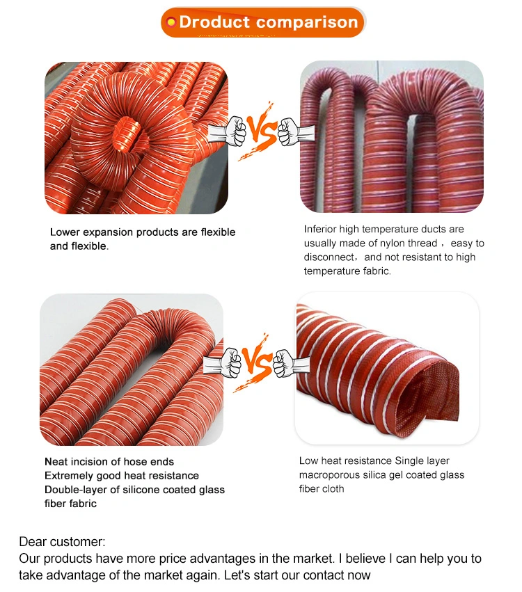 Flexible Duct Heat Resistant Made of Silicone Coated Glass Fibre Fabric with Steel Wire Pipe Hebei Silicone Tube Hose