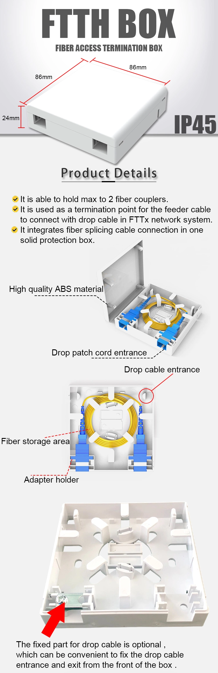 Gcabling 2 Port 2 Fibers FTTH Fiber Optic Termination Box for Sc LC Coupler