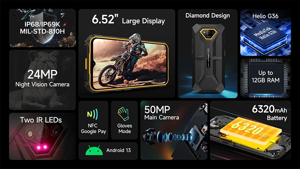 Global Version Night Vision Ulefone Armor X13 6GB+64GB 50MP Camera Helio NFC Unlocked Rugged Smart Mobile Phone