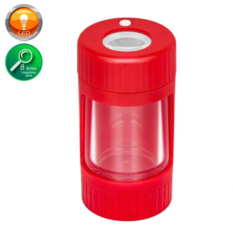 LED Tobacco Can with Cigarette Mill Magnifying Glass Jar 8X Plastic Jar with Magnifying Glass