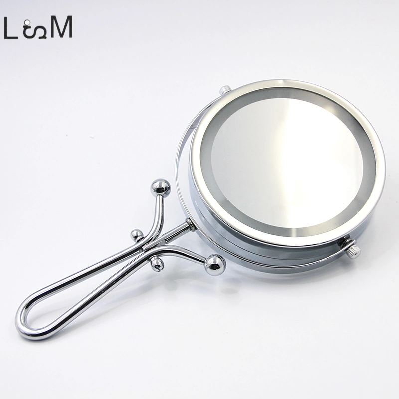 Metal Silver Round Makeup Mirror Double Side 5X Magnifying LED Lights Folding Hand Mirror