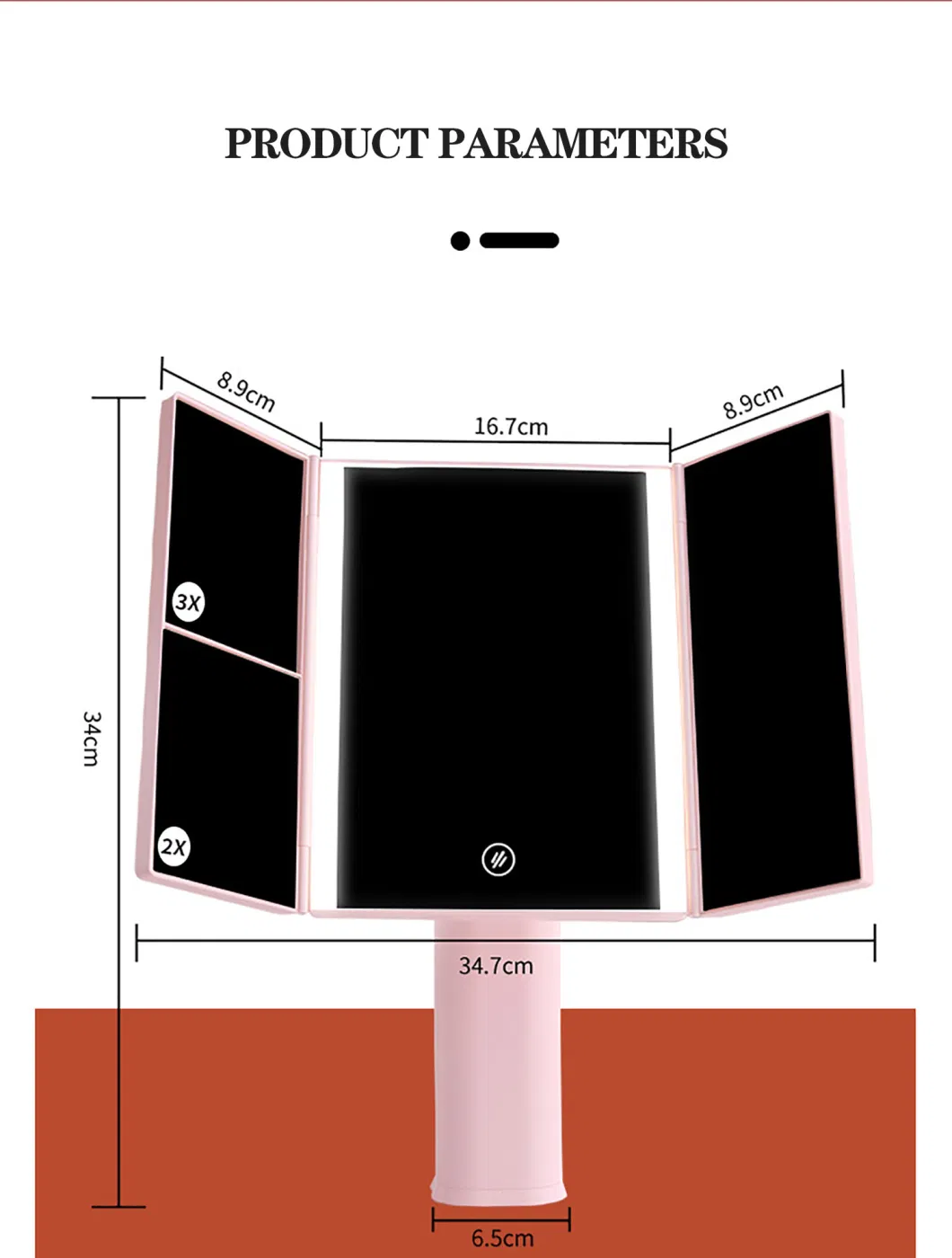 Portable Vanity Mirror 1/2/3X Magnifying Cosmetic 3 Folding Makeup Mirrors 180 Rotation Stepless Dimmer Beauty Table Mirrors