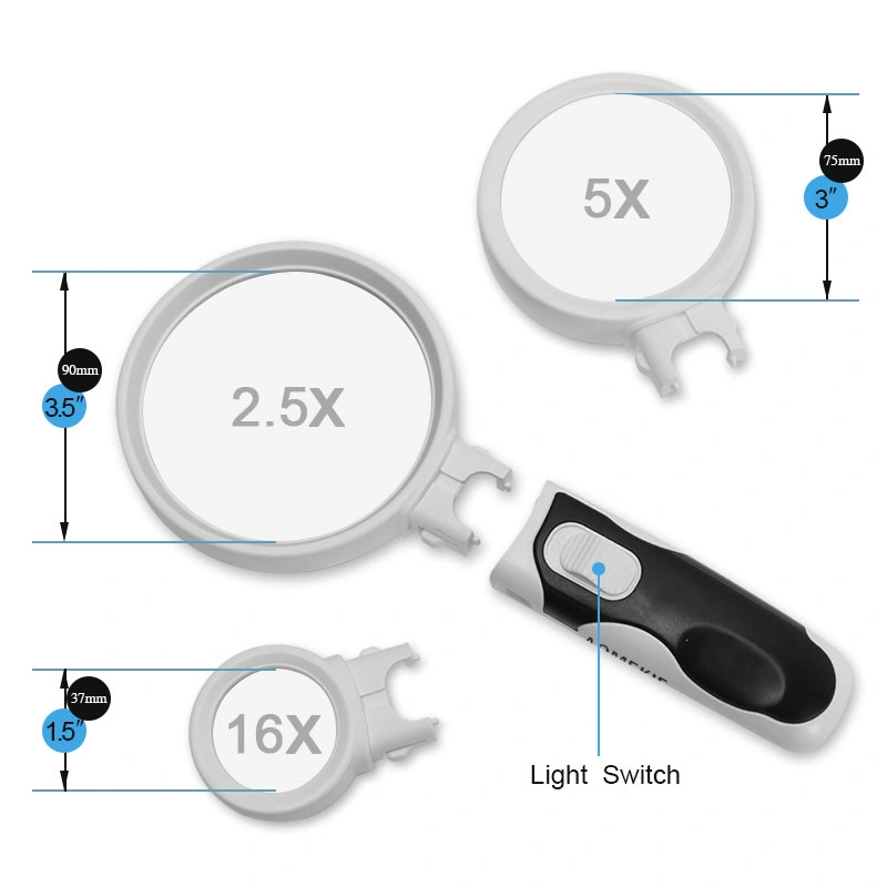 Interchangeable 2.5X/5X/16X Handheld Magnifier 2 LED Magnifying Glass Map Book Reading Magnifier Jewelers Loupe (BM-BG3006)