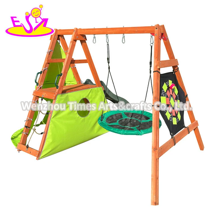 Kids Outdoor Backyard Playground Wooden Slide Swing Set with Climbing Rope W01d279