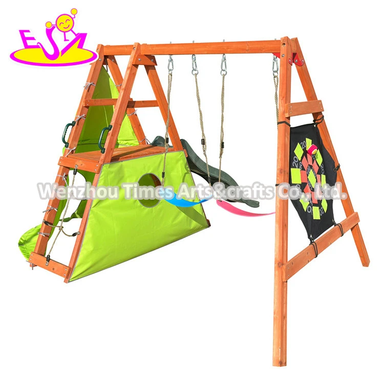 Kids Outdoor Backyard Playground Wooden Slide Swing Set with Climbing Rope W01d279