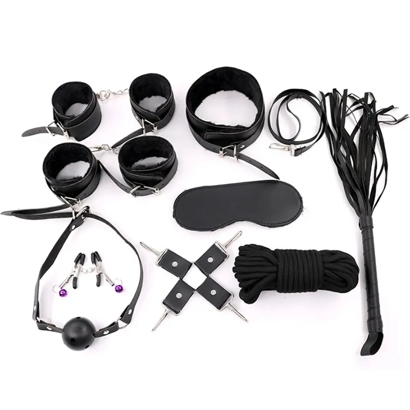 Adult 10 PCS Sm Fetish Bdsm Bondage Slave Set PU Hand Cuff Wrist Cuff Ankle Cuff Restraint for Couples