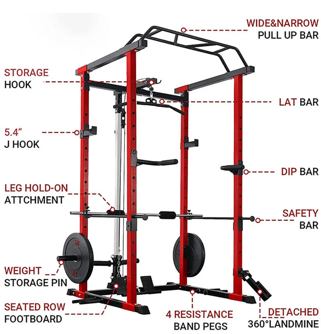 Adjustable Power Gym Equipment Smith Machine Squat Rack with Lat Pull Down and Cables