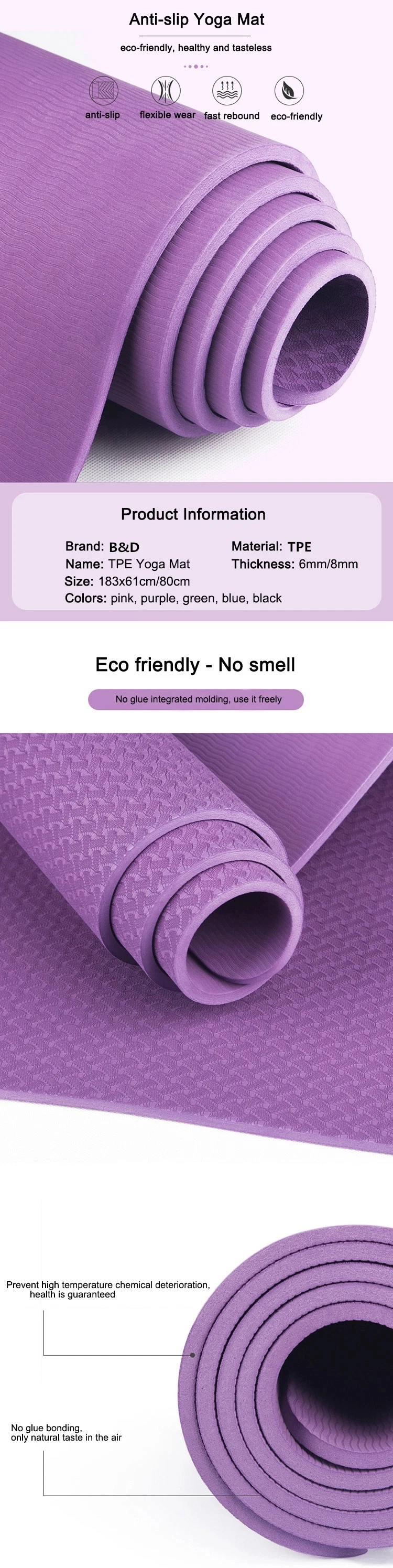 Anti-Skid Sports Fitness Yoga Mat 3mm-15mm Thick PVC Yoga Mat for Exercise, Yoga and Pilates Gymnastics Mat