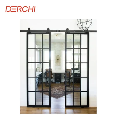 Bathroom Partition Door Custom Frosted Glass Interior Door with Black Steel Aluminum Framesteel Sliding French Barn Door