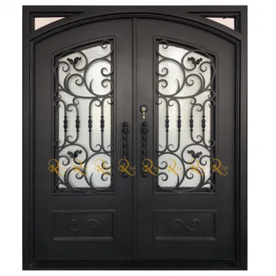 House Front Main Door Design Wrought Iron Exterior Door with Sidelight