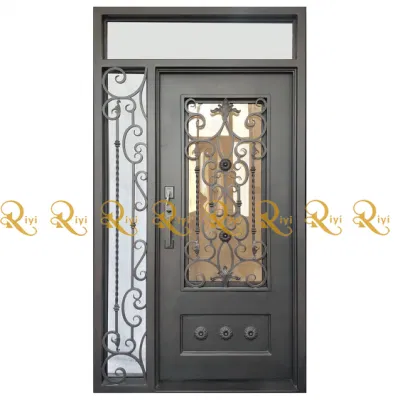 House Front Main Door Design Wrought Iron Exterior Door with Sidelight