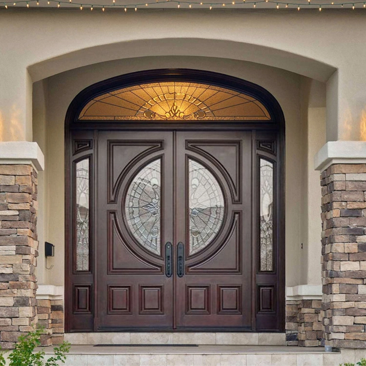 China Foshan Factory Exterior Luxury Hard Solid Wood Doors Teak Wooden Main Double Door Designs with Decorative Glass