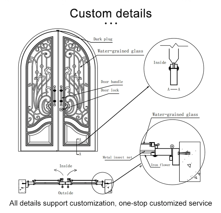 Top Grade Classical Design Handmade Wrought Iron Doors Entry Doors with Sidelight Window for Sale