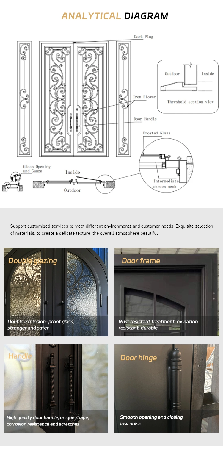 Custom Entry Wrought Iron Door Sliding Door Design Wrought Iron Single Exterior Doors with Decorative Hardware