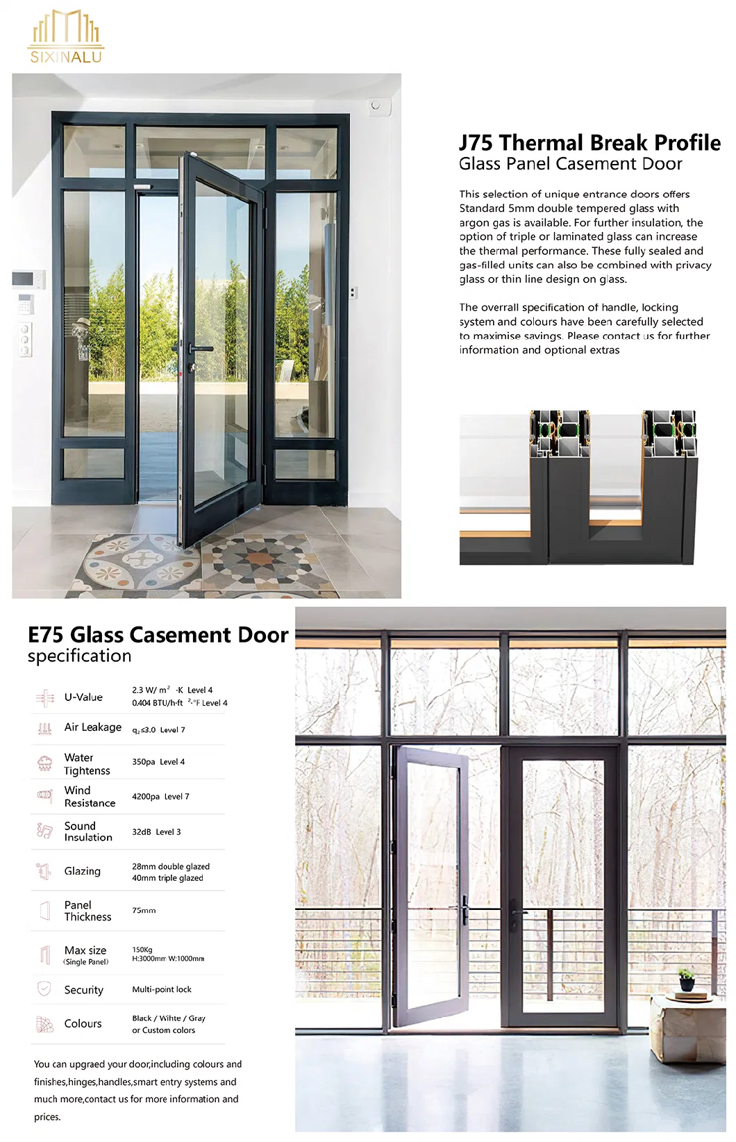 Sixinalu Aluminum Profile Tempered Glass Building Material Internal Custom High-Quality Casement Door