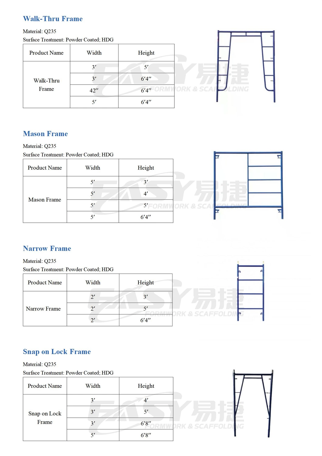 Essy Pre Galvanized Steel Tubular Frame Scaffold Steel Mason Ladder Frame Scaffolding