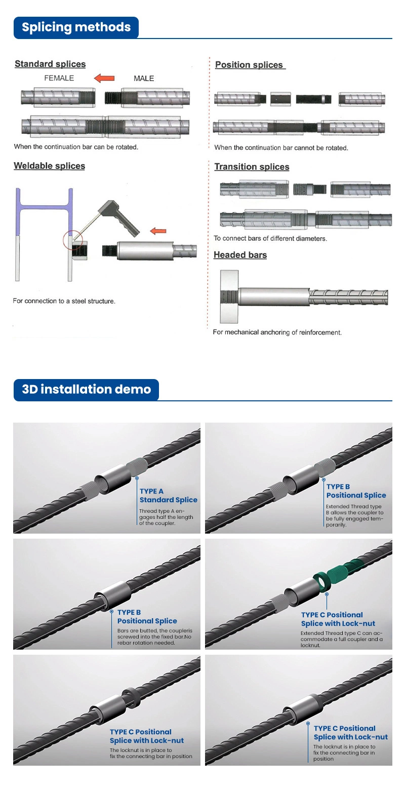 32mm 16mm 20mm Steel Bar Straight Threaded Rebar Coupler Connection Sleeve 25mm Steel Rebars Coupler