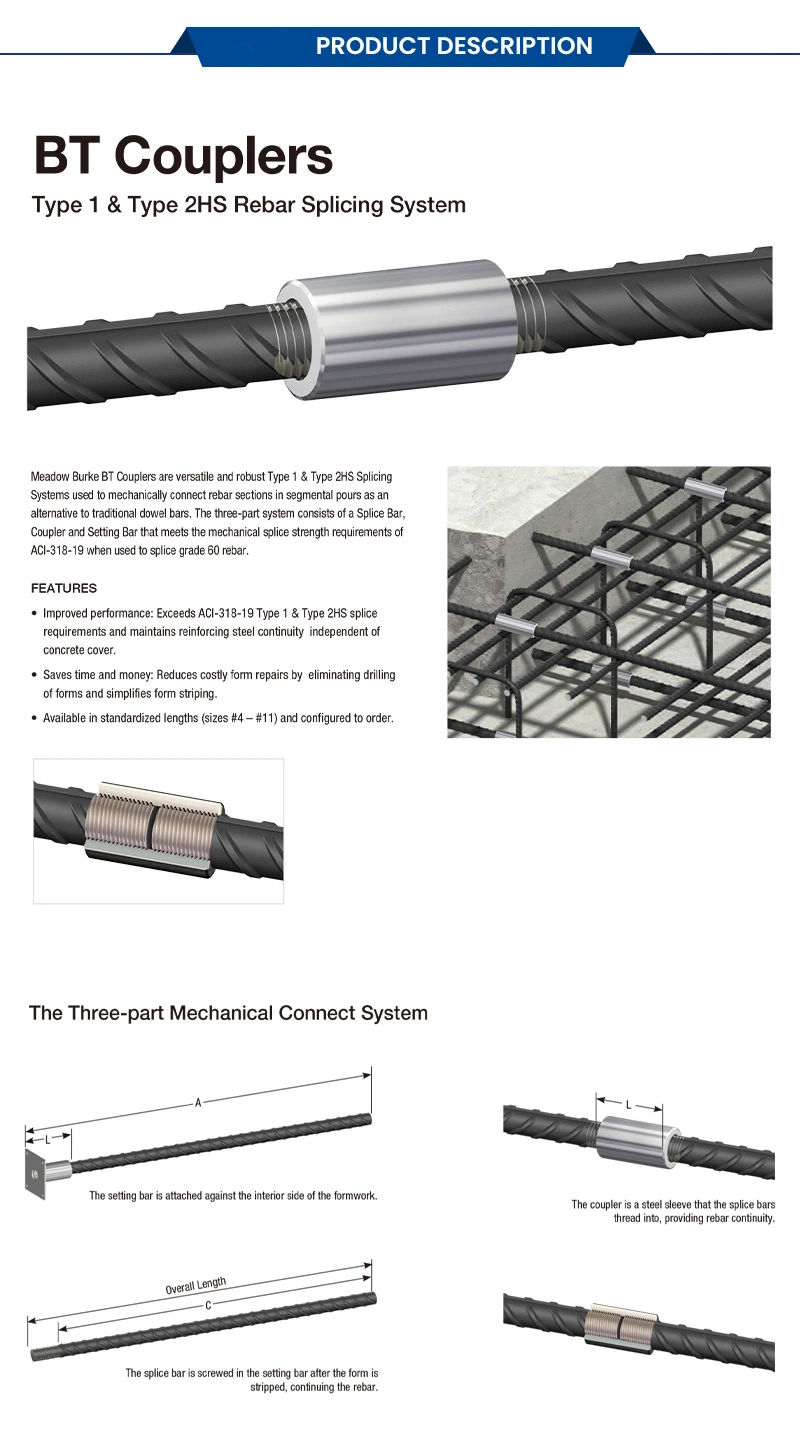 32mm 16mm 20mm Steel Bar Straight Threaded Rebar Coupler Connection Sleeve 25mm Steel Rebars Coupler