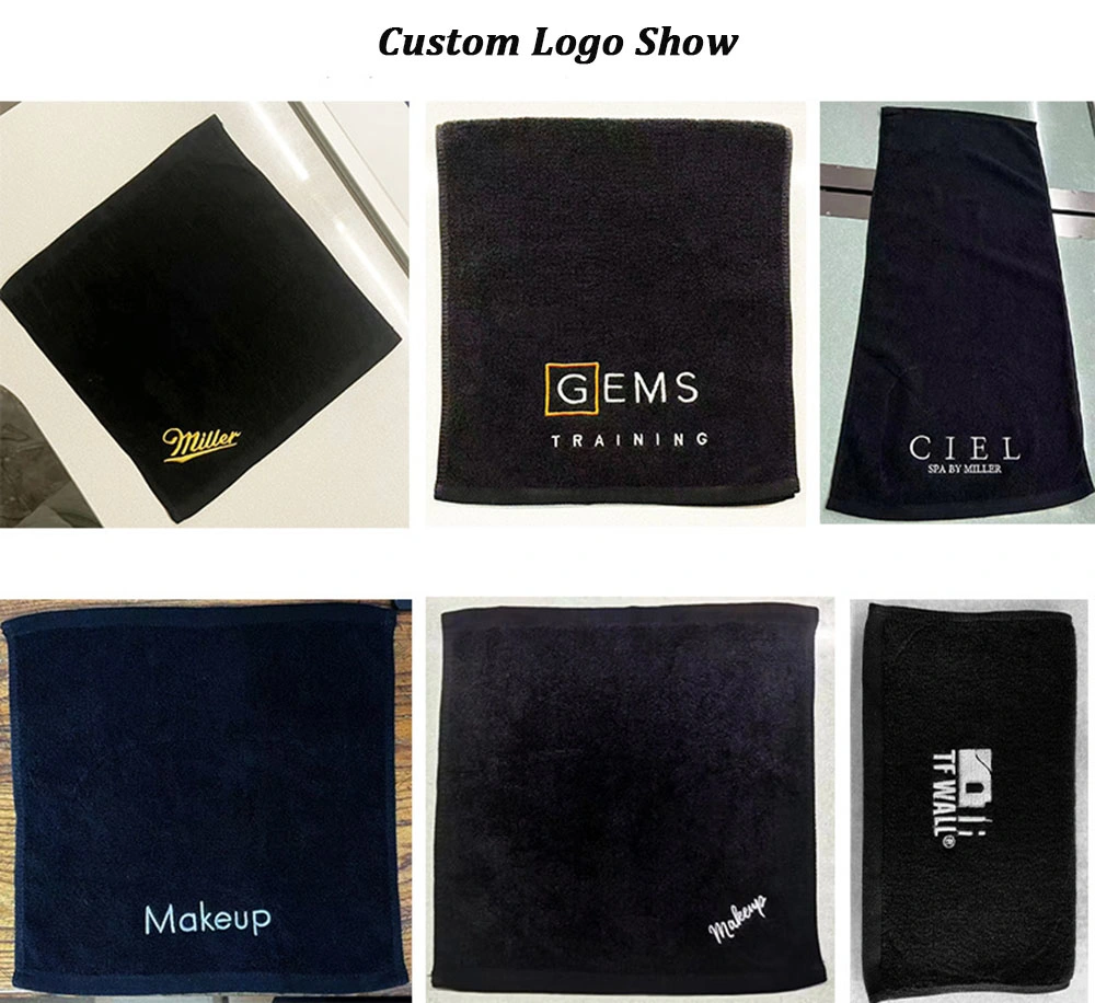 Custom Logo Absorbent Hand Gym Beauty SPA Hairdressing Salon Home Hair Care 100% Cotton Black Bath Towel