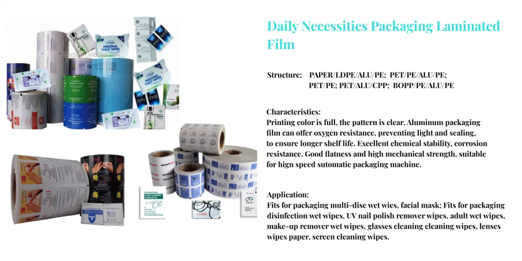 Using Dialy Packaging 73/83/103G Aluminum Foil Film Rolls for Disinfection Wipes