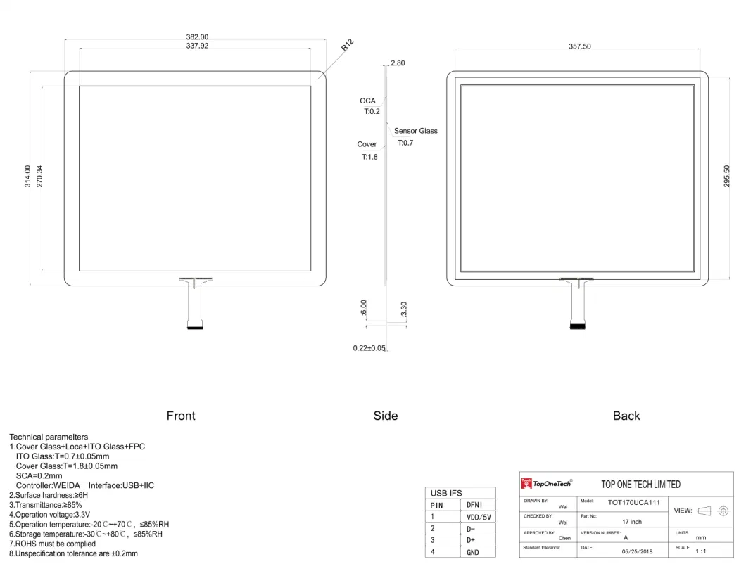 17 Inch Pcap Capacitive Multiple 10 Point 4: 3 USB Touch Screen Film Sensor with Easy to Clean Toughened Glass I2c USB Interface for Air Optical Bonding TFT LCD