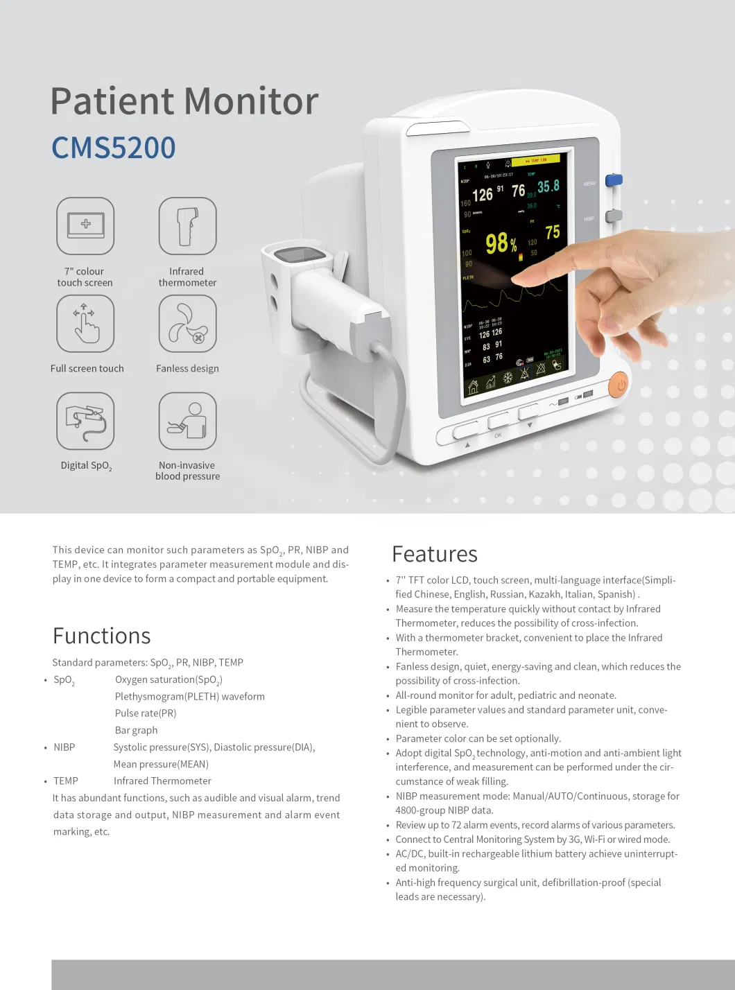 Contec Cms5200 Hospital Equipment Medical Instrument Anti-Motion and Anti-Ambient Light Interference Patient Monitor