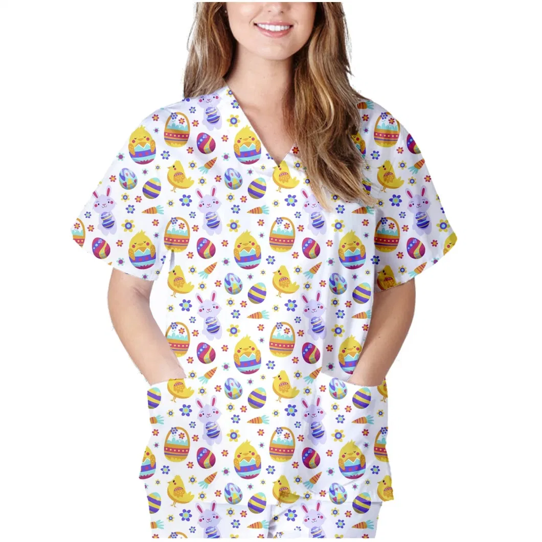 Ladie&prime; S Round Neck Animal Printing Scrub Top