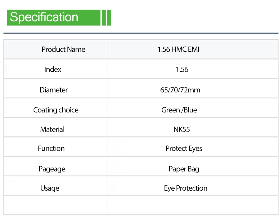 1.56 Single Vision Hmc EMI Optical Lenses Aspherical Lens