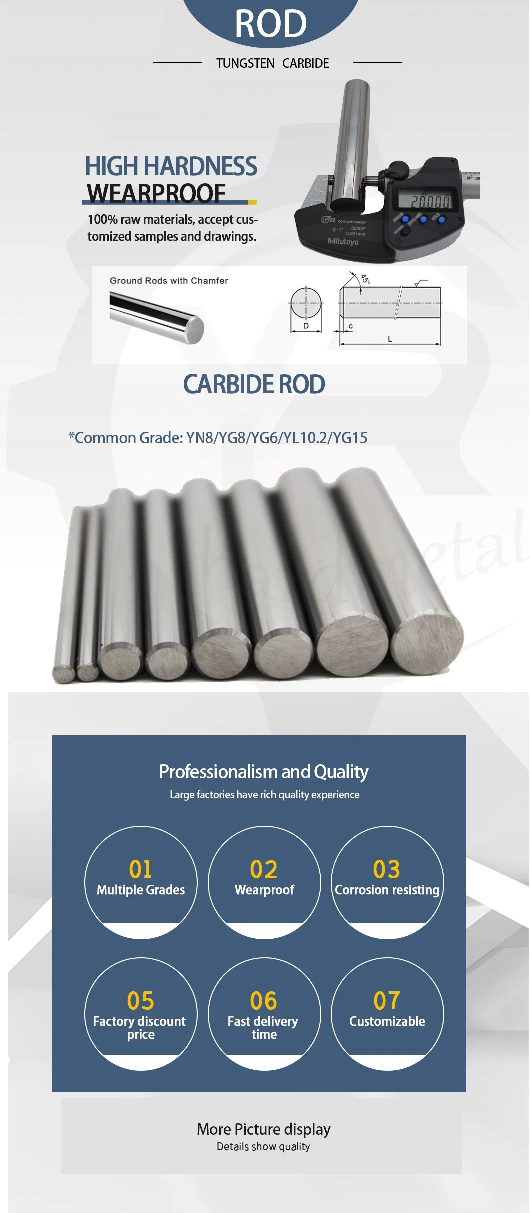 Dia20*L100mm Mirror Tungsten Carbide Blank Rods Wc+Co Carbide Yl10.2