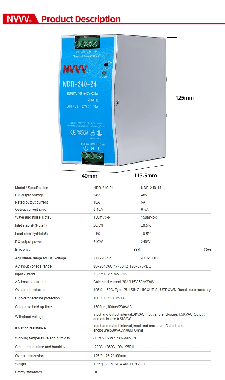 Ndr-240W-24V DIN Rail Switching Power Supply AC-DC LED Power Supply SMPS