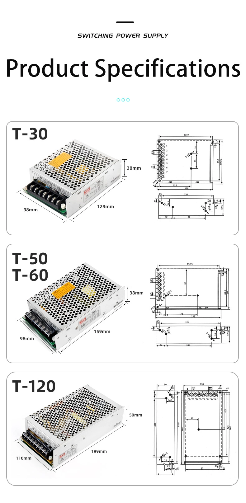 T-50d 5V 12V 24V 50W Triple Output 5V 12V 24V Switching Power Supply SMPS AC to DC