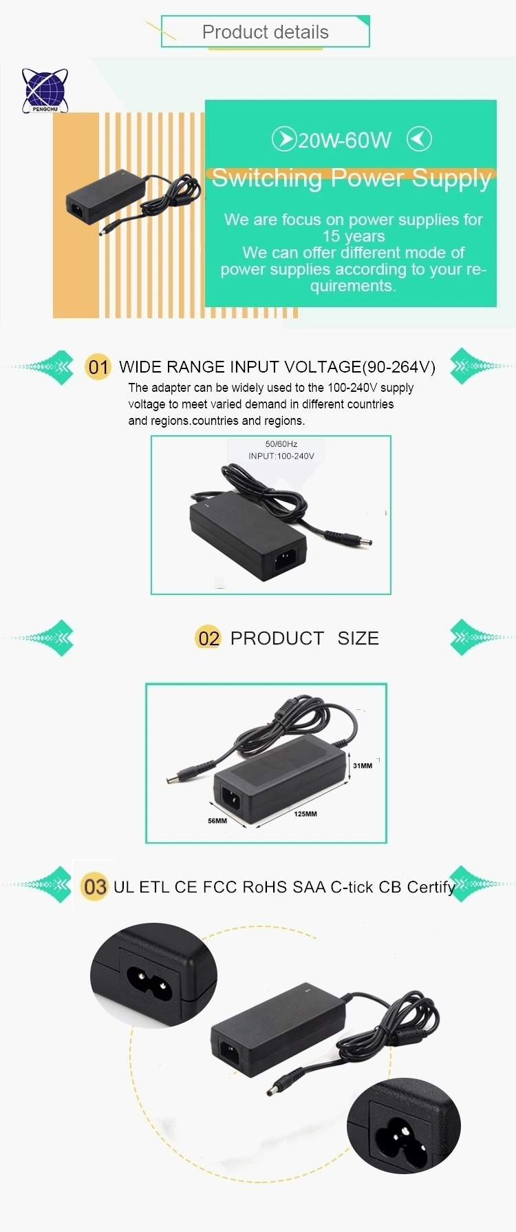 desktop ac/dc power supply adapter 12v 5a dc 60w smps