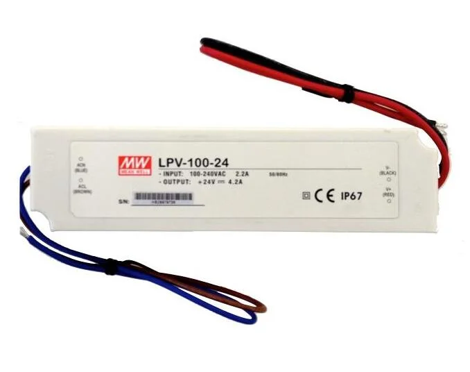 IP67 Waterproof 100W 12V/24V Meanwell Power/Transformer for LED Strip Lpv-100