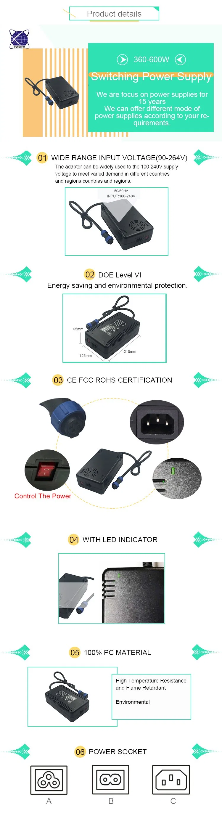 High PFC Function 48V 9A AC DC Switch Mode Power Supply/SMPS 432W with DOE Level VI/CE/FCC/RoHS/CB