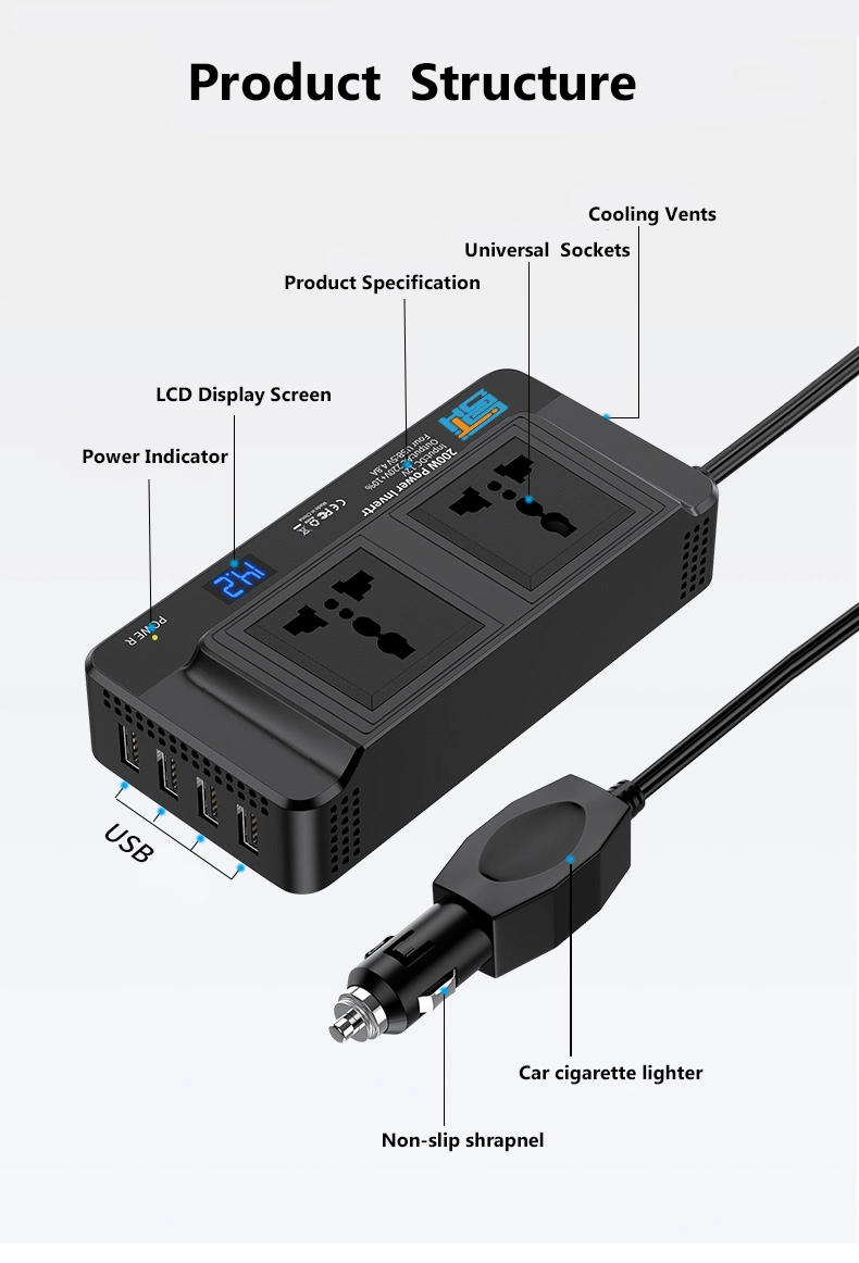 200W Car Power Inverter 12V 24V to 220V Car Inverter 5V USB Ports Pure Sine Wave Inverter for Car