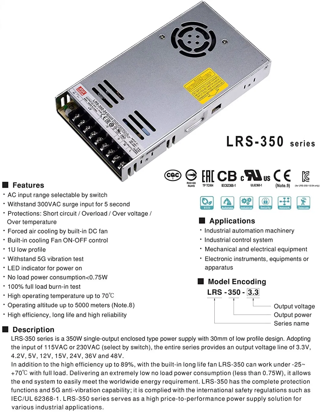 Meanwell Lrs-350-24 AC Variable Switchig Power Supply 24V 20A for LED Light