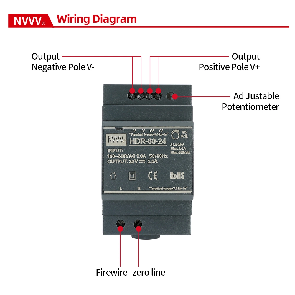 Hdr-15W/30W/60W/100W/150W 5V/12V/24V/48V Hdr Series AC-DC Ultra-Thin DIN Rail Switching Power Supply SMPS