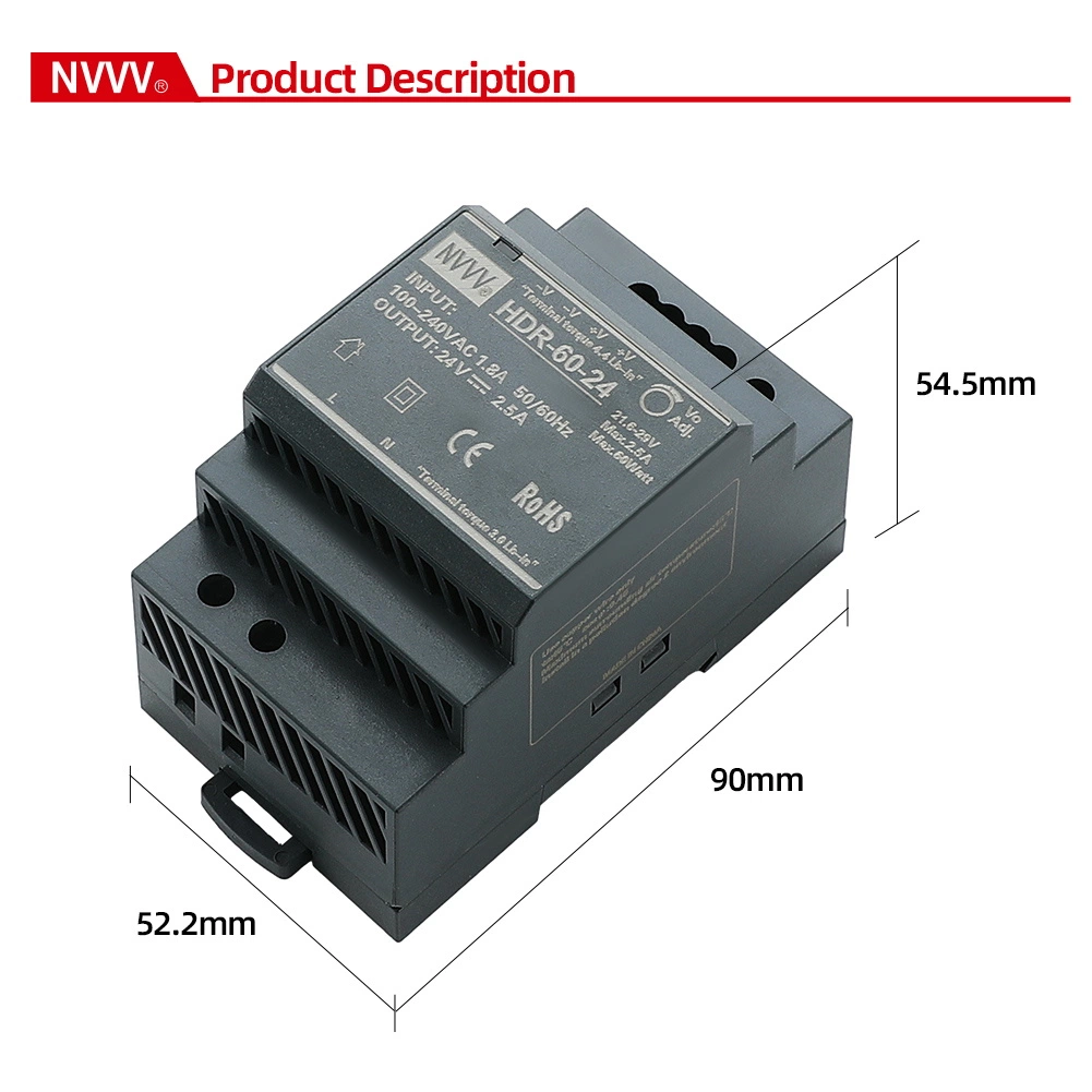 Hdr-15W/30W/60W/100W/150W 5V/12V/24V/48V Hdr Series AC-DC Ultra-Thin DIN Rail Switching Power Supply SMPS