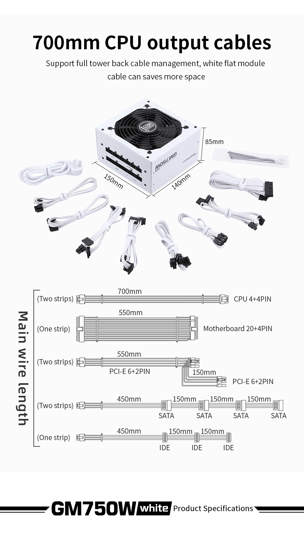 Wholesale Factory GM750W White Platinum 80 Plus Gold Switching Powersupply