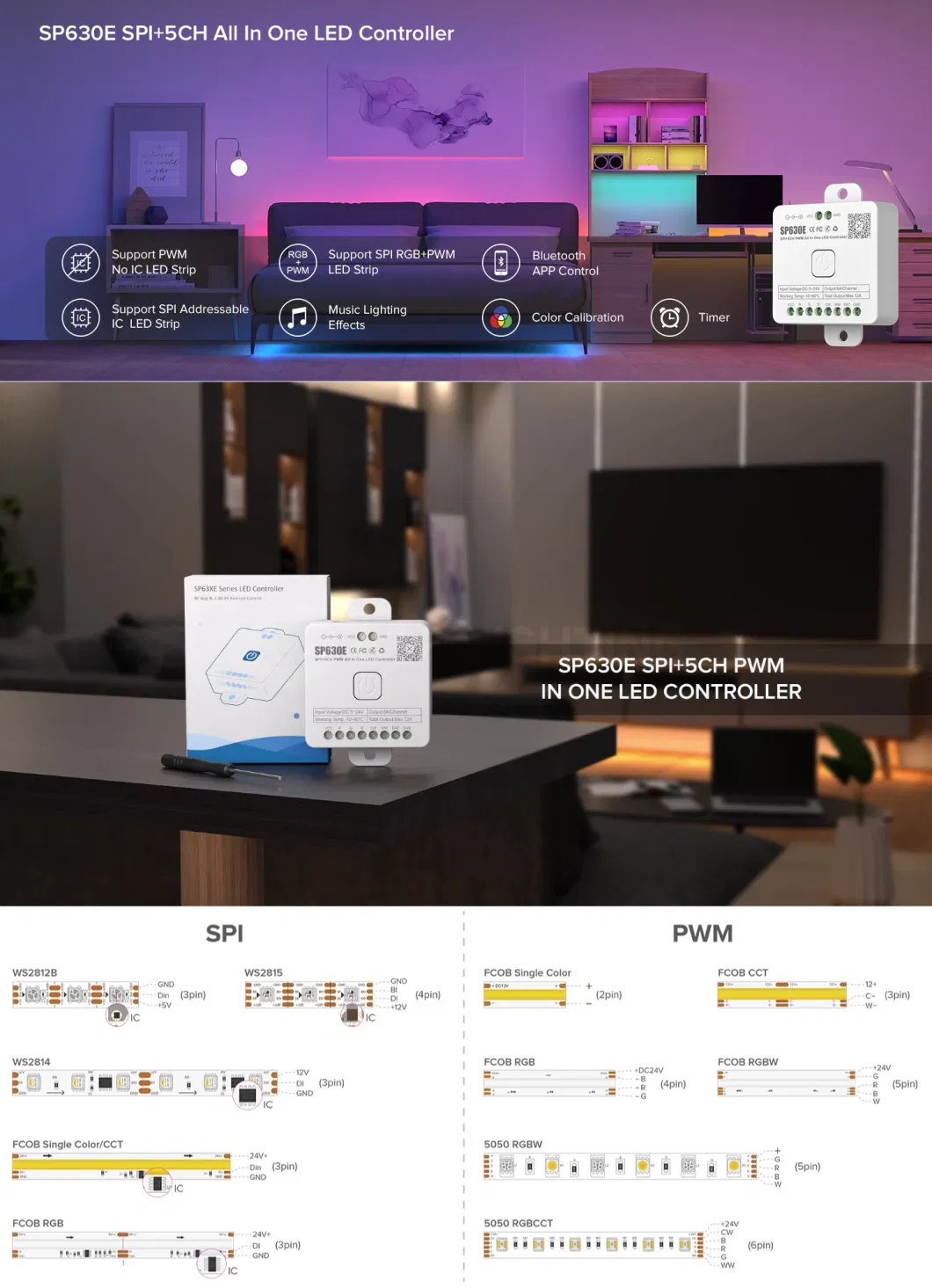 Sp630e All in One LED Controller 5CH PWM Spi Pixels LED Light Strip Ws2812b Ws2811 Sk6812 Fcob 5050 RGB RGBW CCT Music Bt 5V-24V