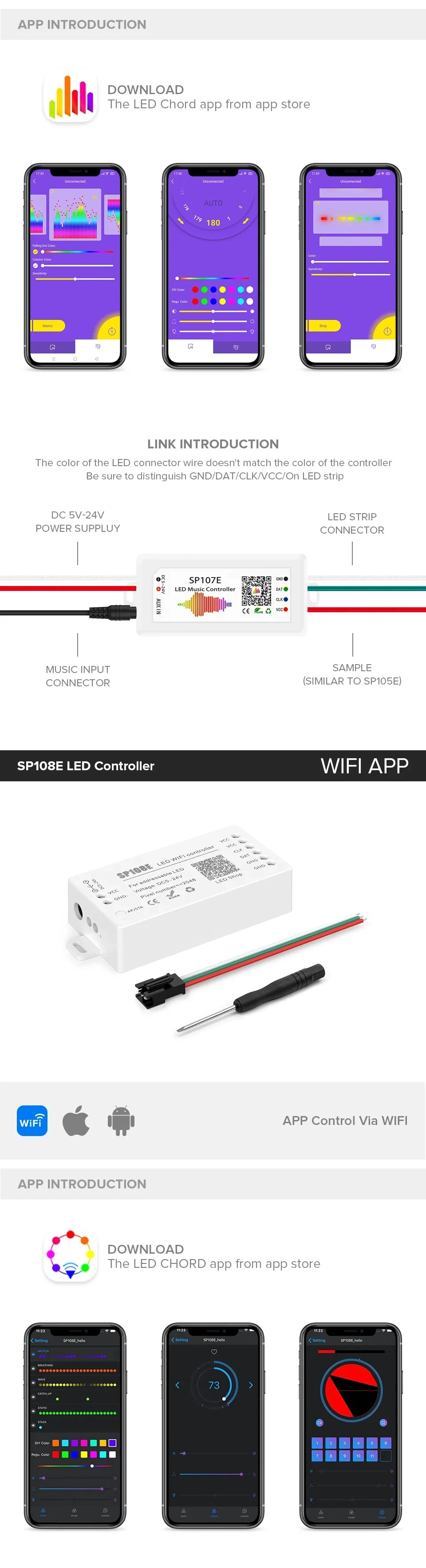 Ws2812b LED Strip Light Controller Blue Tooth Sp105e Sp110e WiFi Sp108e Sp511e Music Sp107e Sp601e Ws2811 Sk6812 Lights DC5V-24V