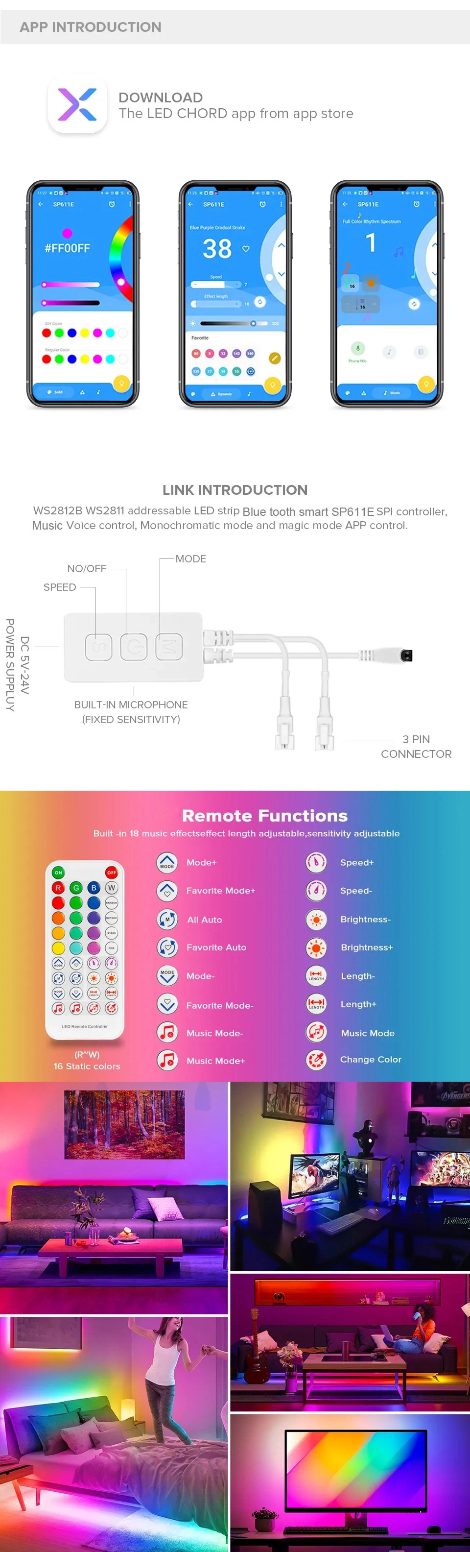 Ws2812b LED Strip Light Controller Blue Tooth Sp105e Sp110e WiFi Sp108e Sp511e Music Sp107e Sp601e Ws2811 Sk6812 Lights DC5V-24V