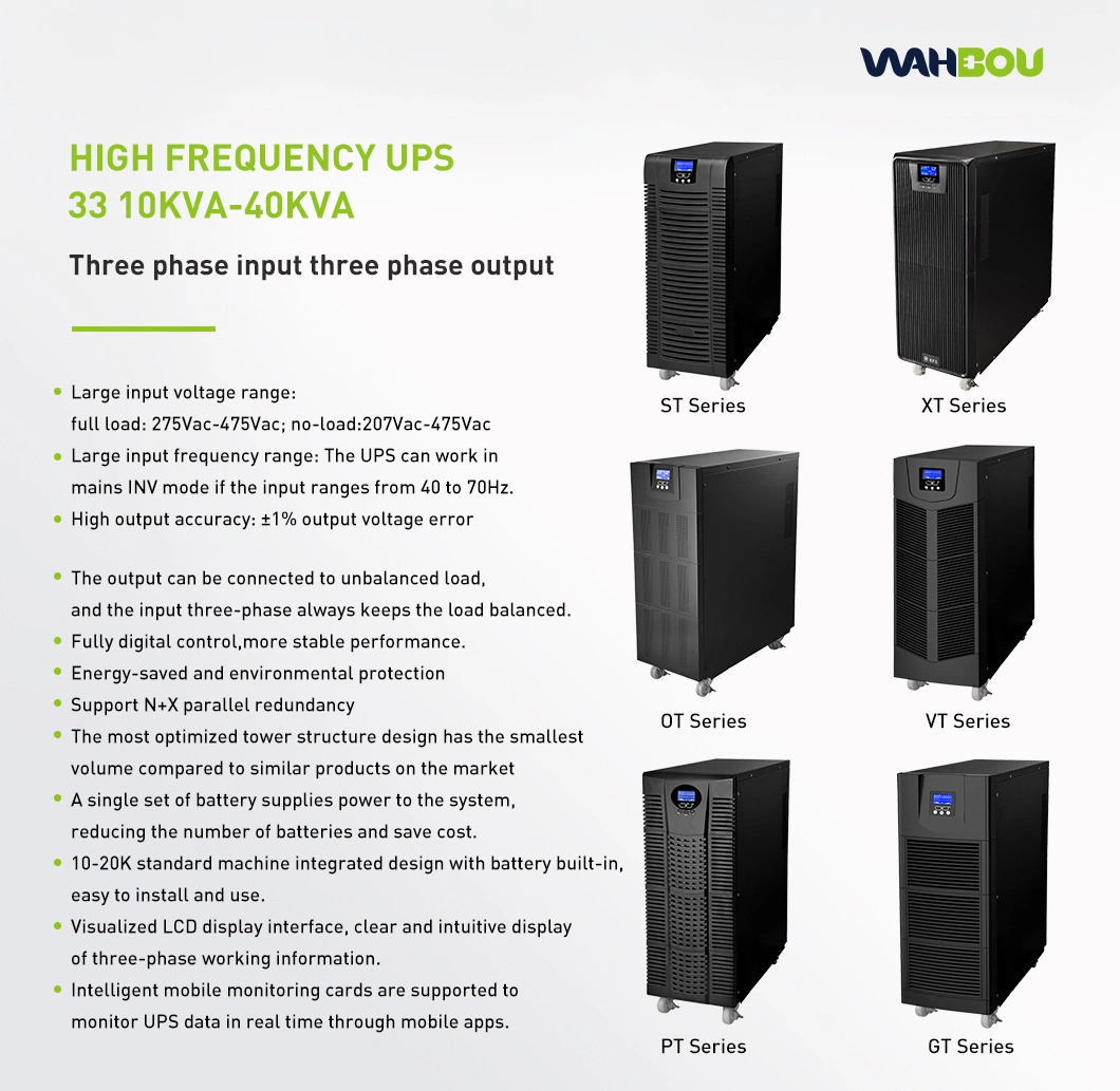 Wahbou Online High Frequency Three Phase Xt33 10kVA UPS with 16PCS 12V Batteries