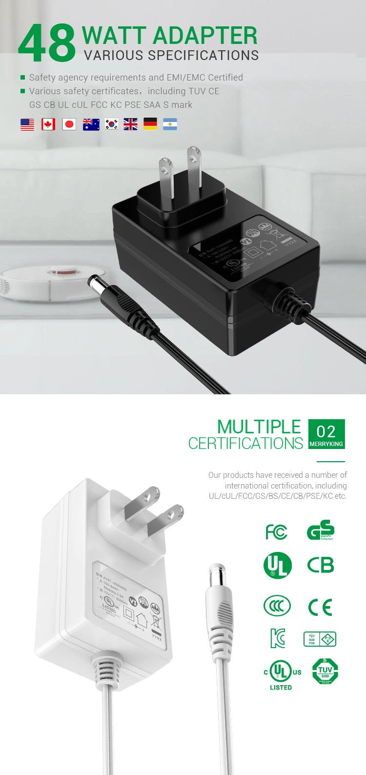 9V 5V 12V 48V 1A 2A 3A 5A 4A 12W 15W18W 48W 65W 72W 100W 120W AC DC Adapter Wall Mount Power Adapter Us/EU/UK/SAA Plug with UL cUL FCC CE GS CB SAA and PSE